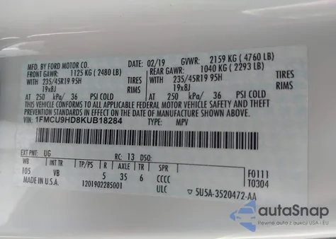 2019 Ford Escape Sel z USA, uszkodzony, nr VIN 1FMCU9HD8KUB18284